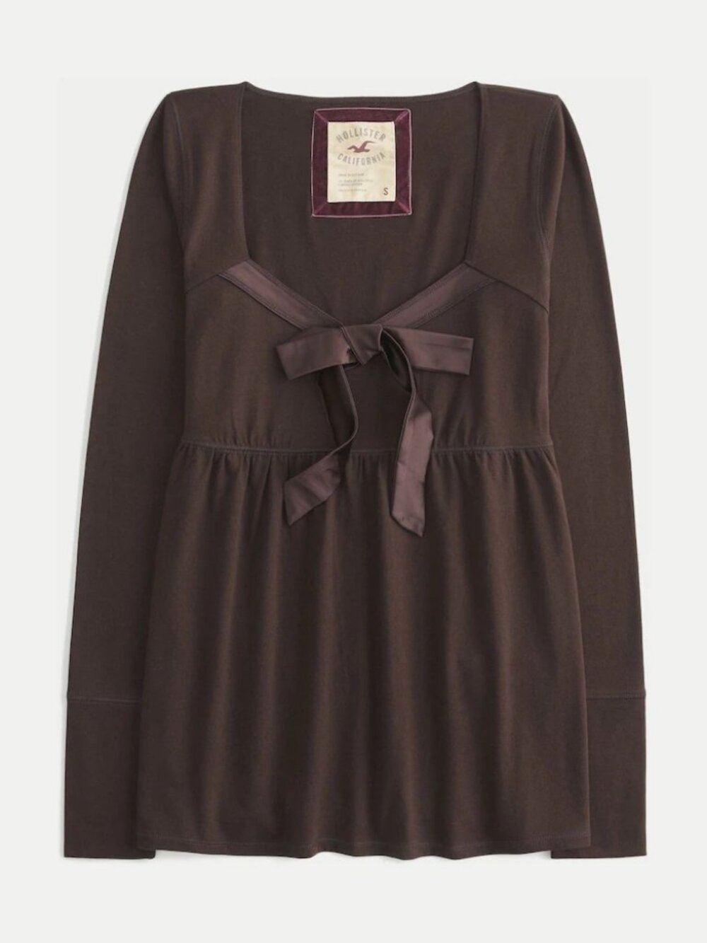 Hollister Women's Brown Long Sleeve Front Bow Babydoll Top XS